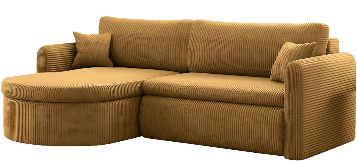 ECKSOFA Cora mit Schlaffunktion & Stauraum, Universell Rechts/Links, Senfgelb Cord Chenille 260/82/160 cm - Dunkelgelb/Schwarz, Kunststoff/Textil (250/160cm) - WFL GROUP