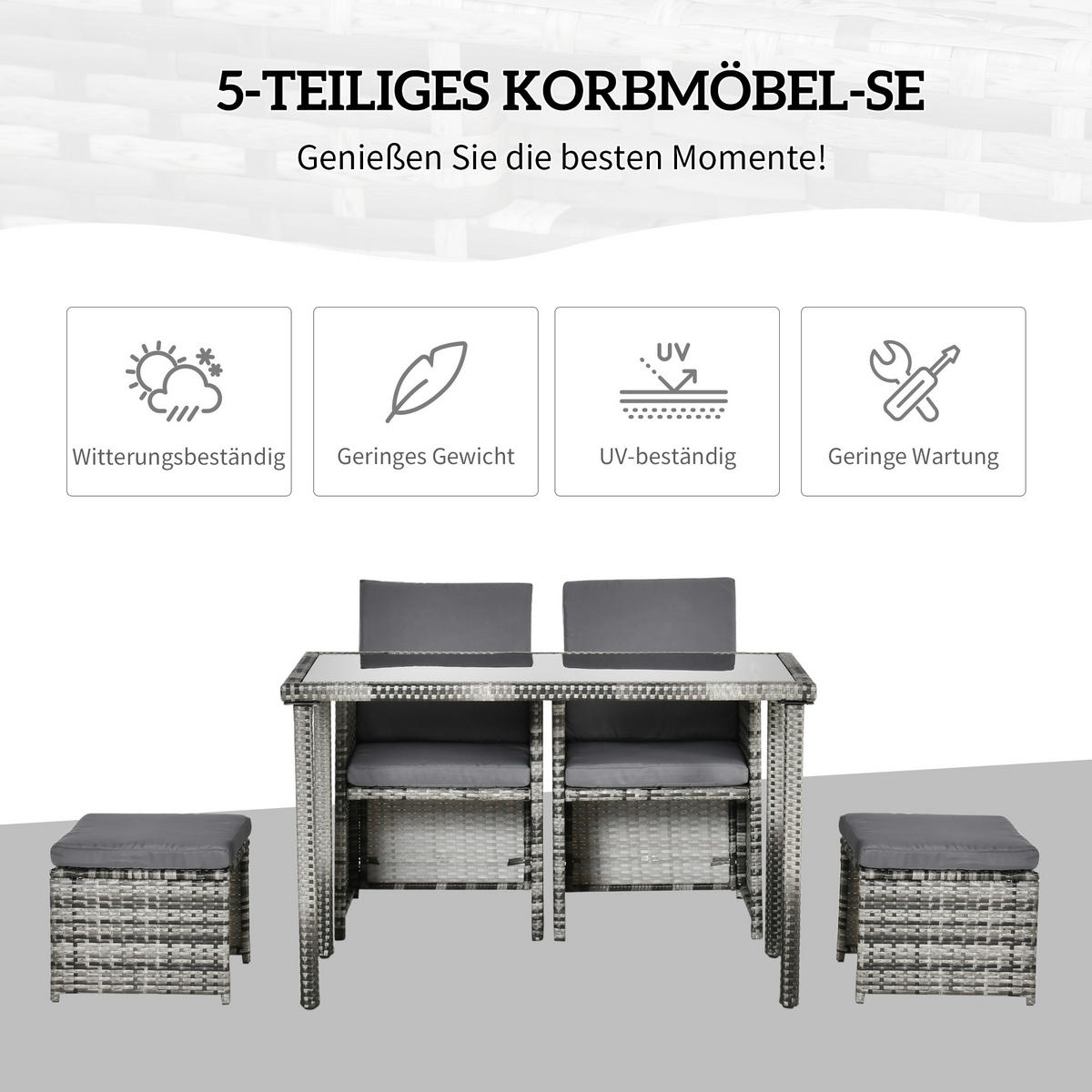 GARTENSET Garnitur 5 tlg. mit Kissen, Grau - Grau, Kunststoff - Outsunny