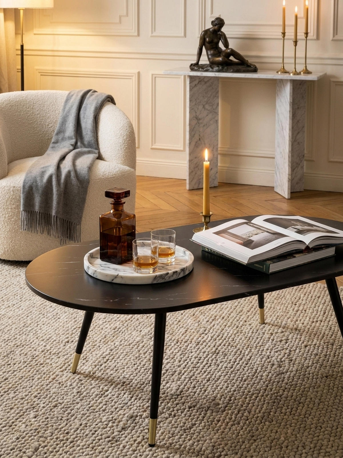 COUCHTISCH oval in Marmor-Optik – mit Metallgestell im modernen Design, Schwarz 120x60x42 cm - Goldfarben/Schwarz, Holzwerkstoff/Metall (60/120/42cm) - KADIMA DESIGN