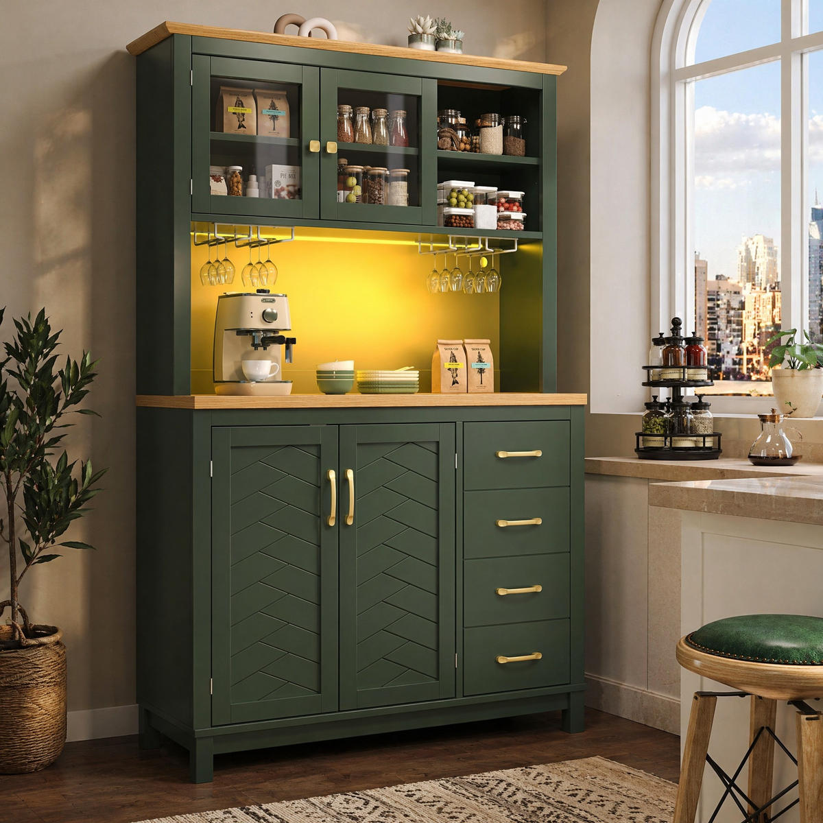 HIGHBOARD in Grün Küchenschrank mit LED-Beleuchtung und Schubladen für Küche und Wohnzimmer, B105.5/T40/H180 cm - Grün, Glas/Holzwerkstoff (105.5/180/40cm) - STILVORA