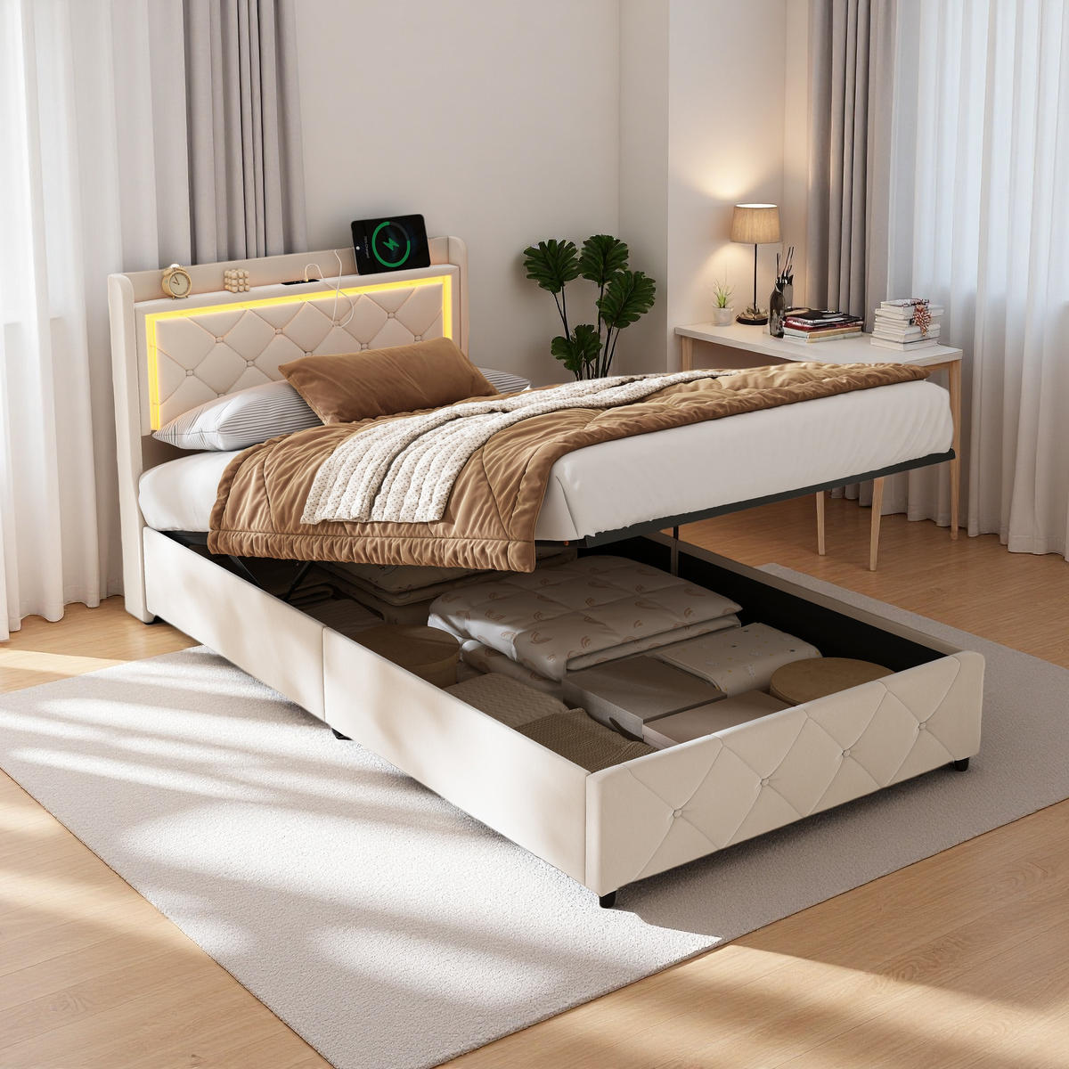 ČALÚNENÁ posteľ 90x200 cm béžová zamatová LED úložná jednotka s USB - béžová, kov - SHOPENTRA
