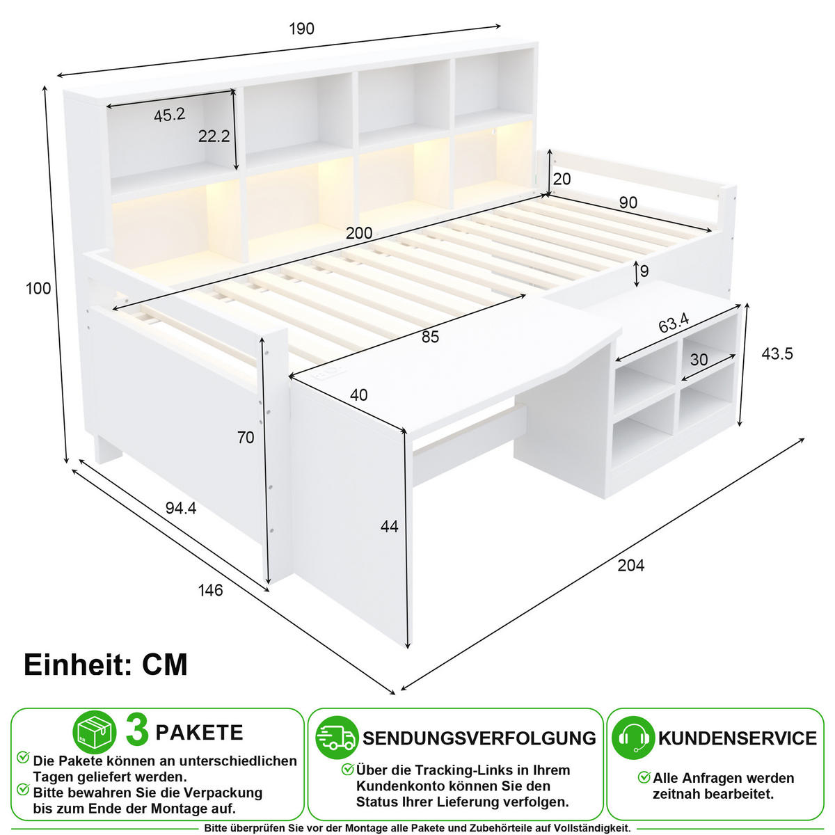 HOCHBETT 90/200 cm in Weiß mit Schreibtisch, Staufächern und LED - Weiß, Holz/Holzwerkstoff (90/200cm) - CHICFURN