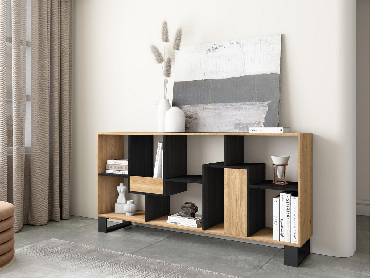 REGAL Bibliothek, Eiche und Schwarz, 67/31/174cm - Eichefarben/Schwarz, Holzwerkstoff (67/174/31cm) - Skraut Home