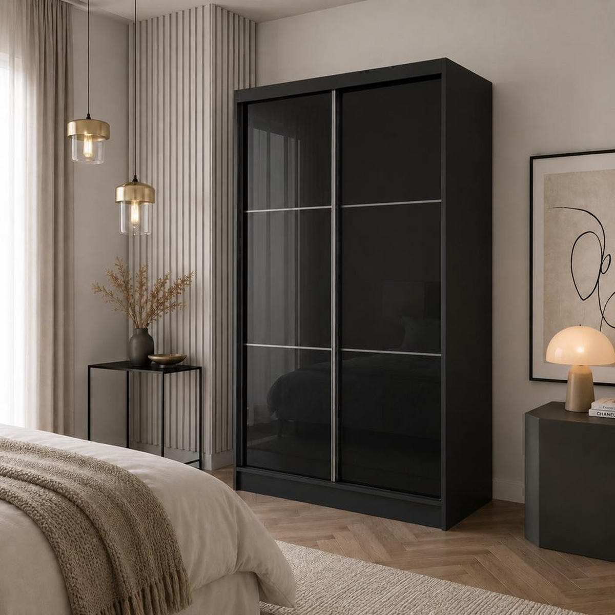 SKŘÍŇ s posuvnými dveřmi Viva 120/216/61 černá s Lacobel sklem - černá, kompozitní dřevo (120/216/61cm) - Beautysofa