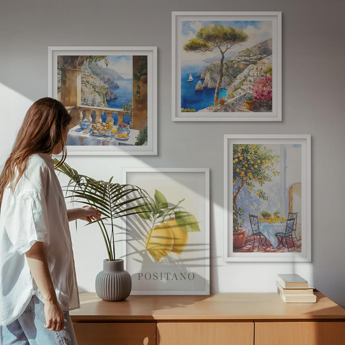 BILDER SET 4er Set - 50x50 cm & 40x60 cm Weißer Rahmen - Ansichten der Zitronenarchitektur von Positano - Weiß, Kunststoff (50/50cm) - TULUP