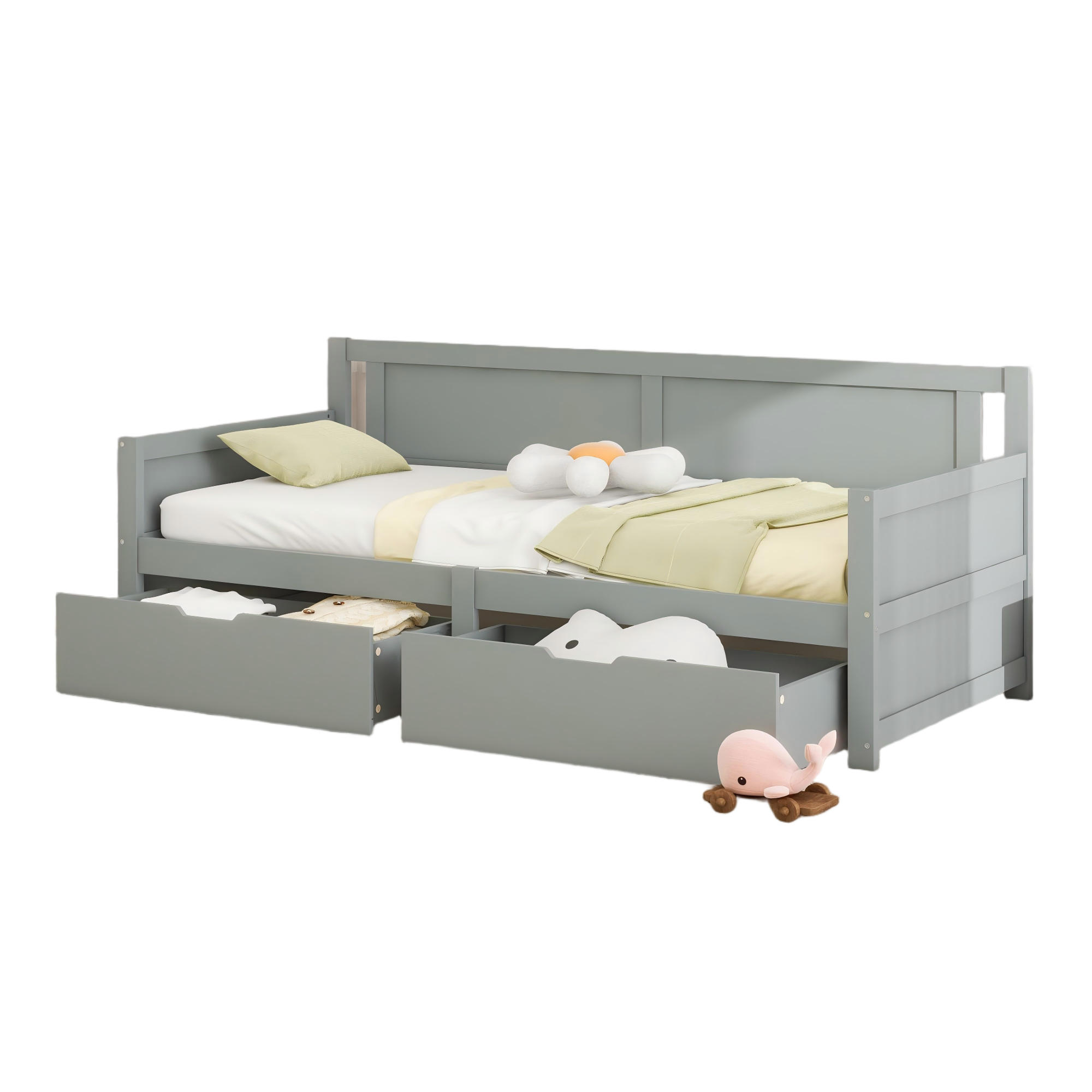 MULTIFUNKTIONSBETT 90/200 grau mit zwei Schubladen aus Massivholz - Grau, Holz - OKWISH