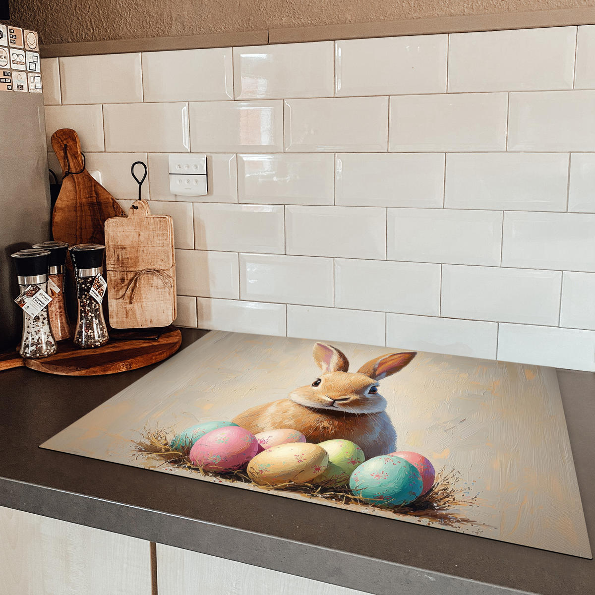 HERDABDECKPLATTE Osterhase - Pastell - Eier Herdabdeckung Induktionsfeld 75x52 cm - Beige, Kunststoff (75/52/0.2cm) - MuchoWow