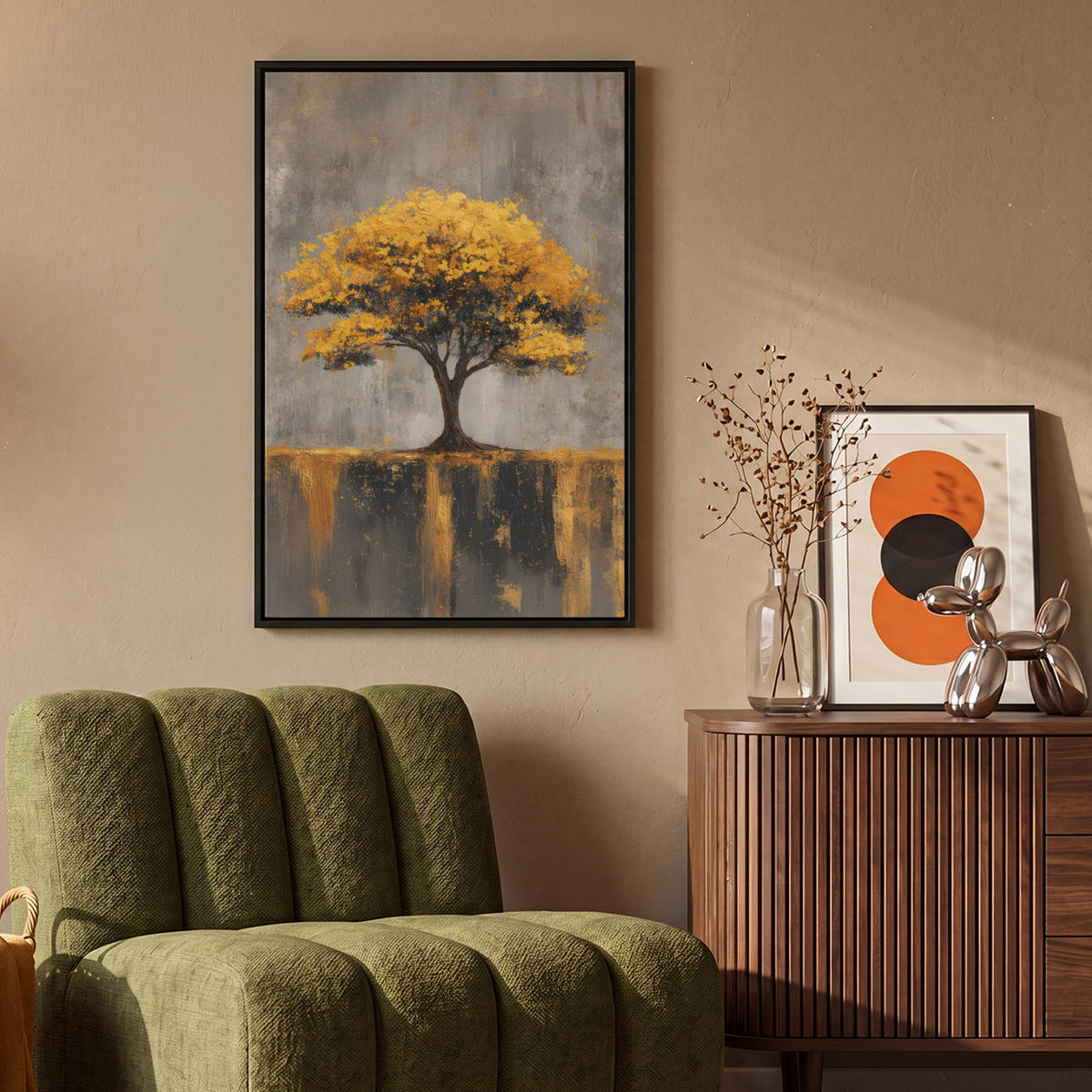LEINWAND Bilder mit Rahmen - Baum - Blätter - Gold - Abstrakt - 60x90 - Grau, Textil (60/90cm) - MuchoWow