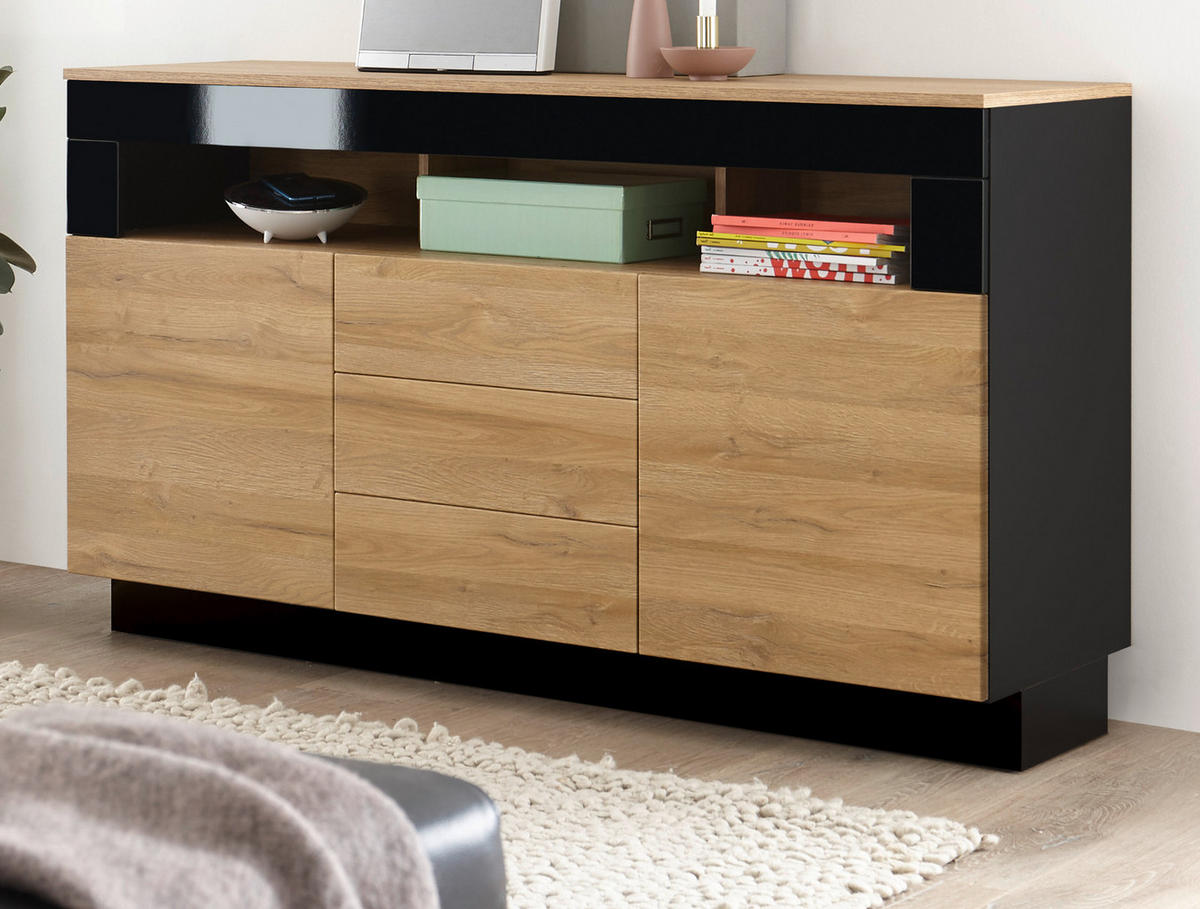 SIDEBOARD Grandson Eiche, schwarz Hochglanz, Kommode 149 x 85 cm - Schwarz Hochglanz/Eichefarben, Holzwerkstoff/Kunststoff (149/85/43cm) - Furn.Design