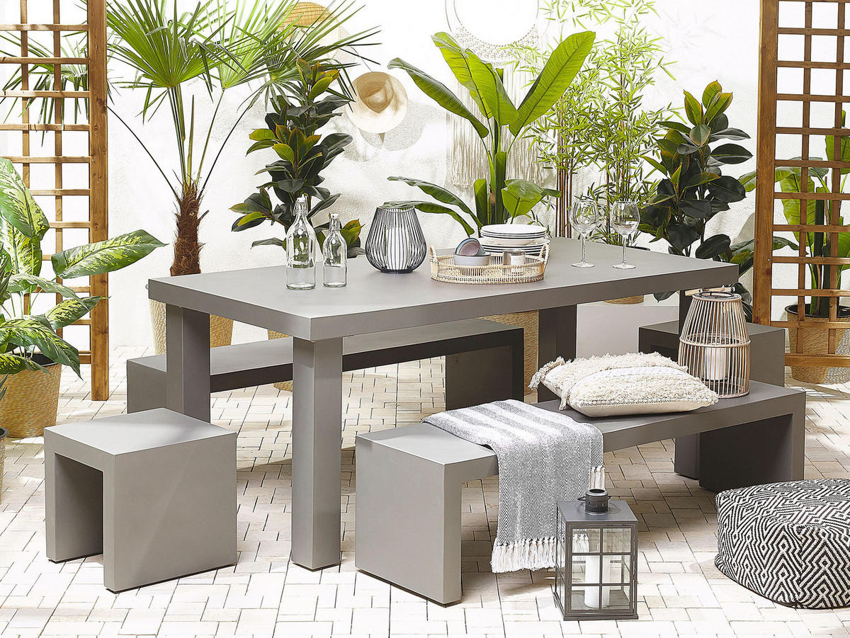 GARTENMÖBEL SET 6-Sitzer Beton grau 2 Bänke U-Form 2 Hocker Taranto - Grau, Stein - Beliani