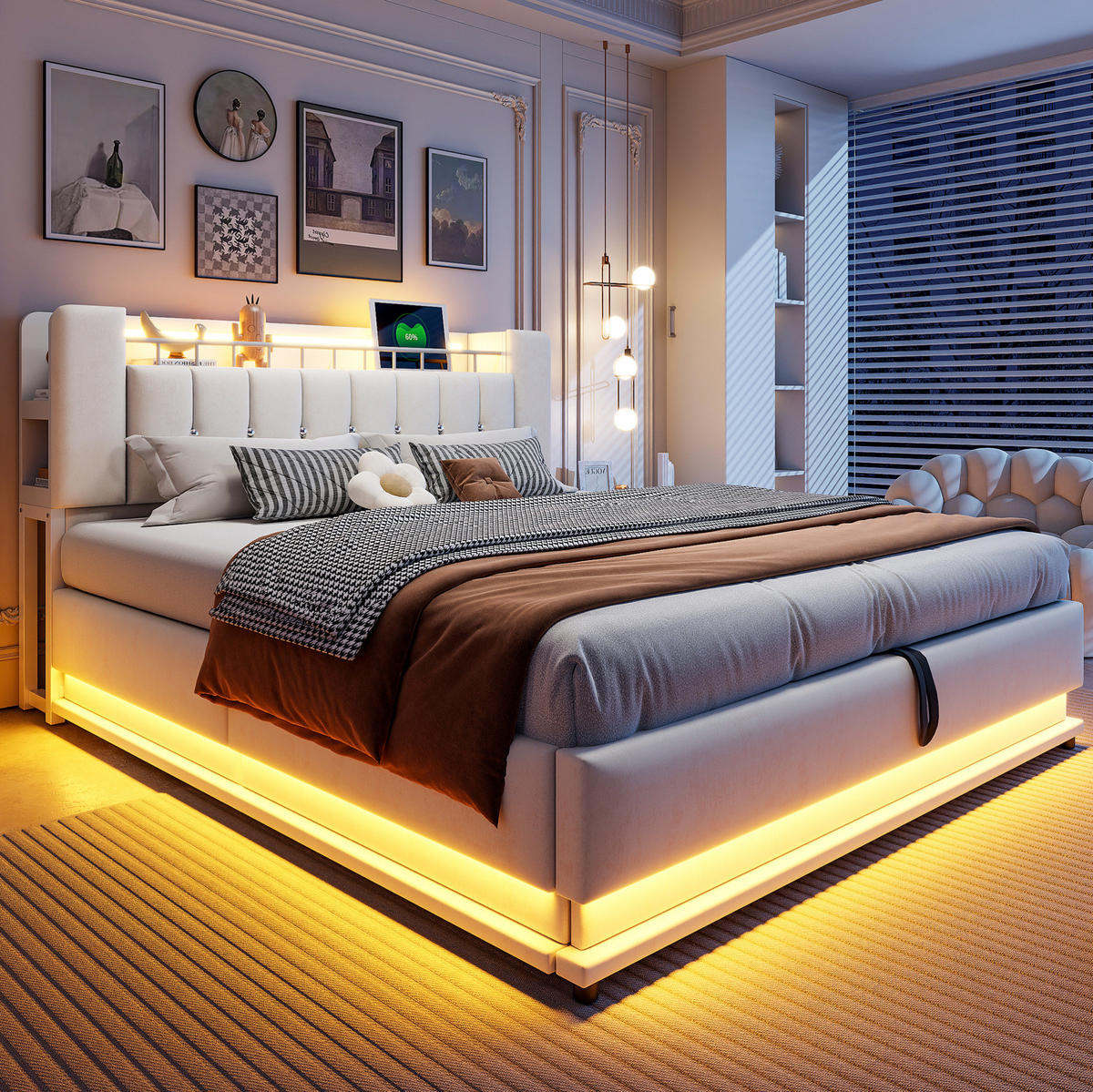 ČALÚNENÁ posteľ, 180/200 cm, béžová, s LED osvetlením a hydraulickým úložným priestorom - béžová, textil (180/200cm) - BEAOK