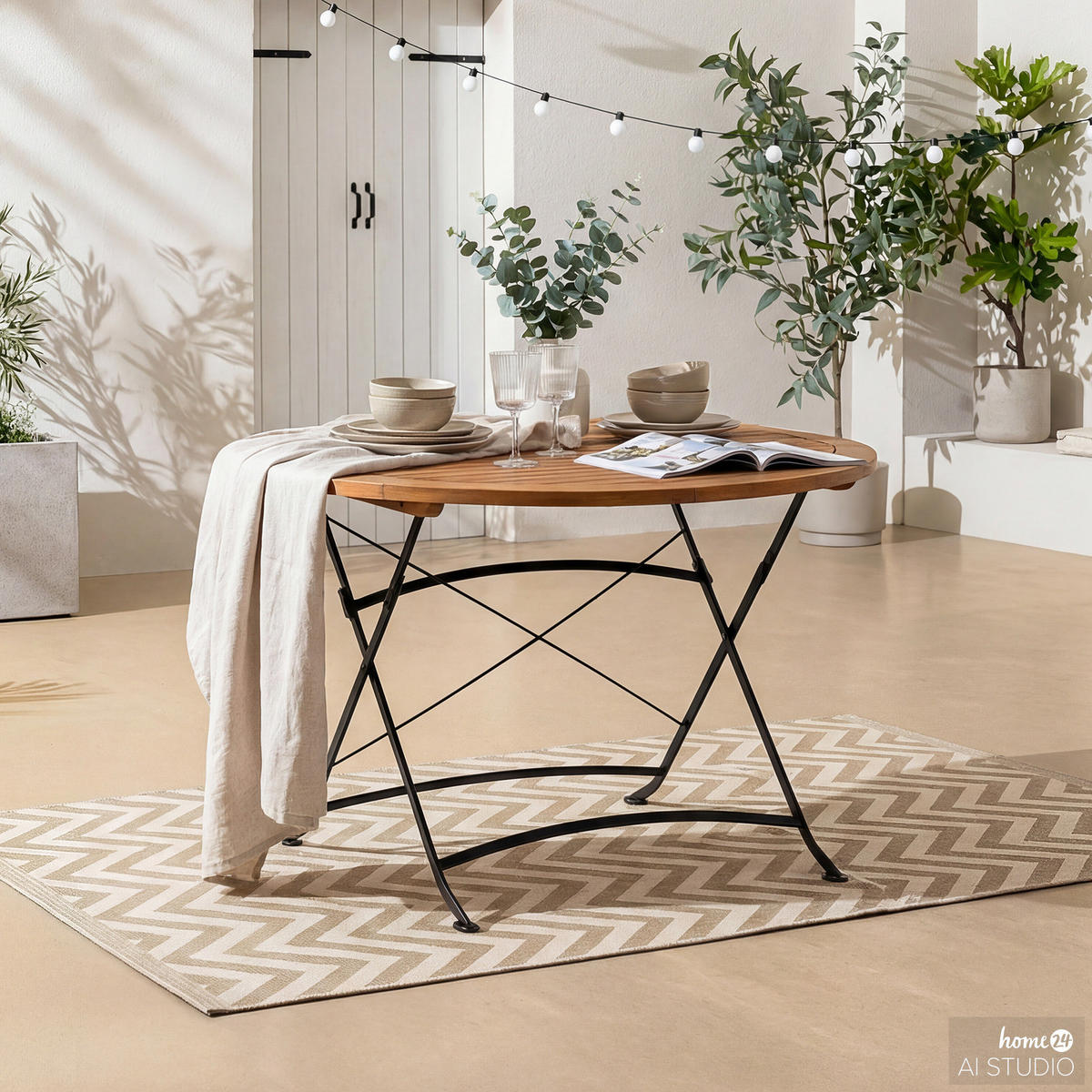 GARTENTISCH - Rund - Akazie massiv / Stahl - Braun / Schwarz - Schwarz/Braun, Holz/Metall (120/120/75cm) - home24