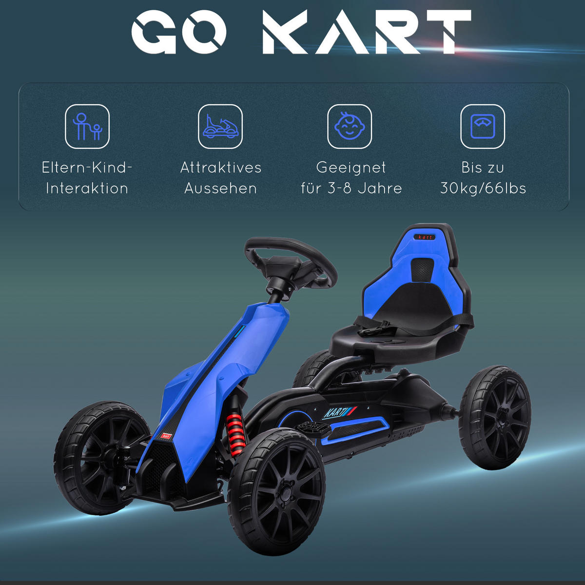 KINDER GO KART TRETAUTO, Blau/Rot, Metall+ Kunststoff - Blau, Metall (100/58/58.5cm) - HOMCOM