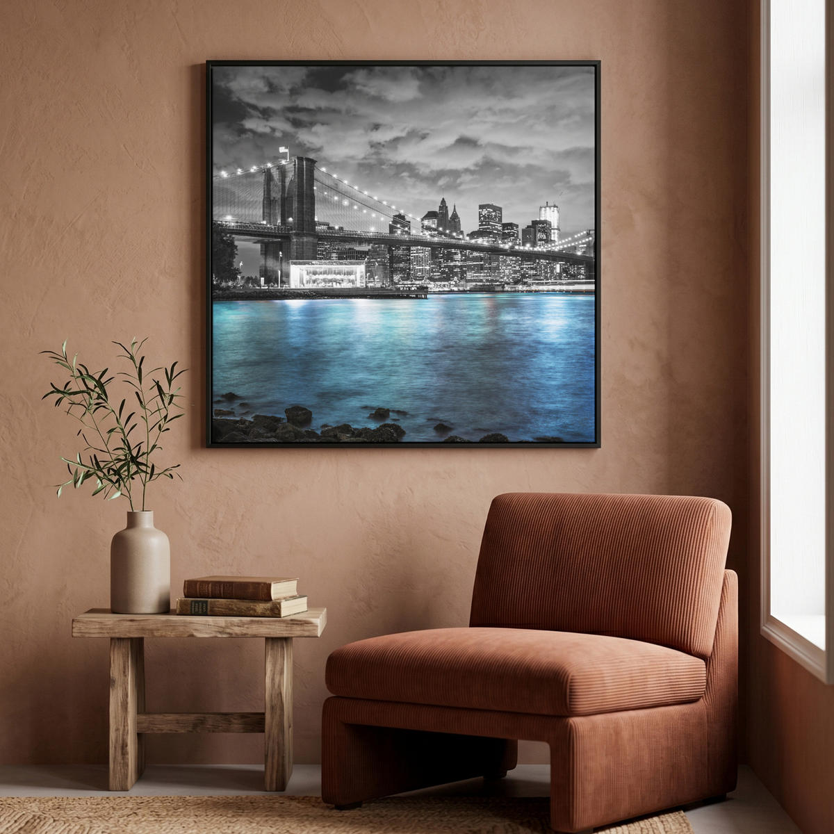 LEINWAND Bilder mit Rahmen - New York - Skyline - Stadt - Blau - 90x90 - Blaugrau, Textil (90/90cm) - MuchoWow