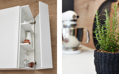 Stylischer Eckschrank Küche, Küchenschrank Eck, Eckklappe Küche, Küchendeko