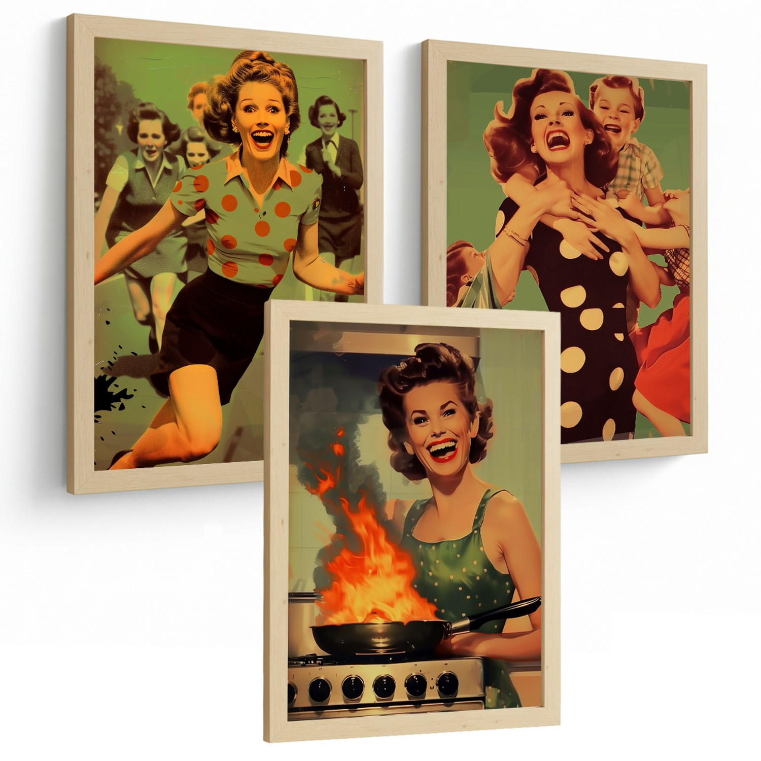 POSTER 3er Bilder-Set Wandbilder Retro Pin-up modern Wohnzimmer Deko, Schlafzimmer, Küche, Badezimmer Leichter Holzrahmen A3 - Beige, Papier (29.7/1/42cm) - Nacnic