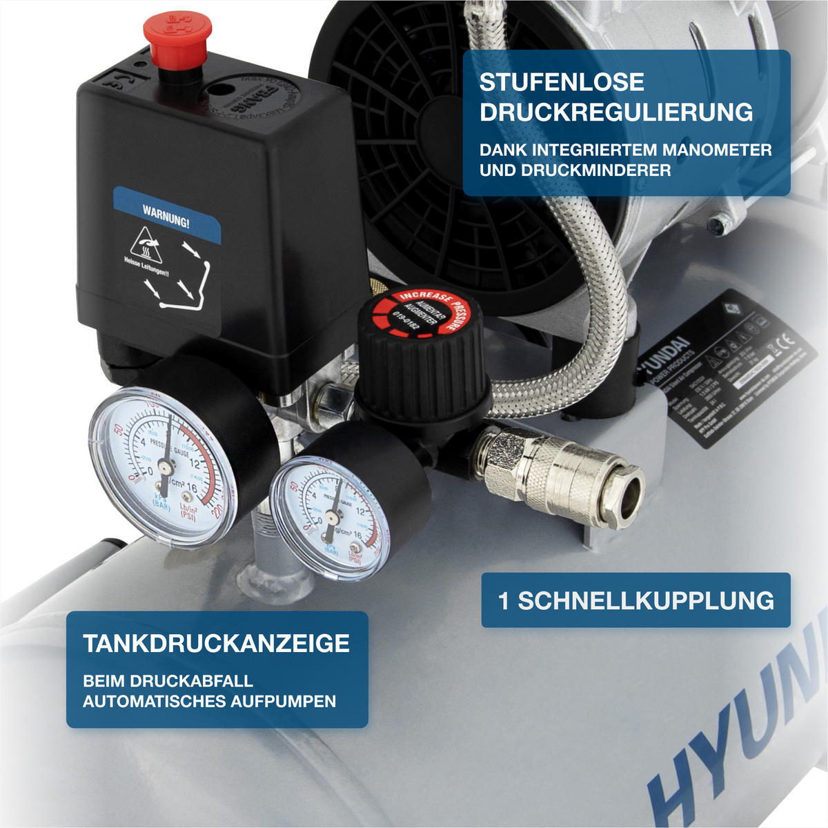 SILENT Kompressor SAC15024 (Druckluftkompressor leise, ölfrei, Flüsterkompressor, 67dB, 24L Kessel, 9bar, 1.5kW, 202L/Min) - Silberfarben, Metall (55/33/56cm) - Hyundai