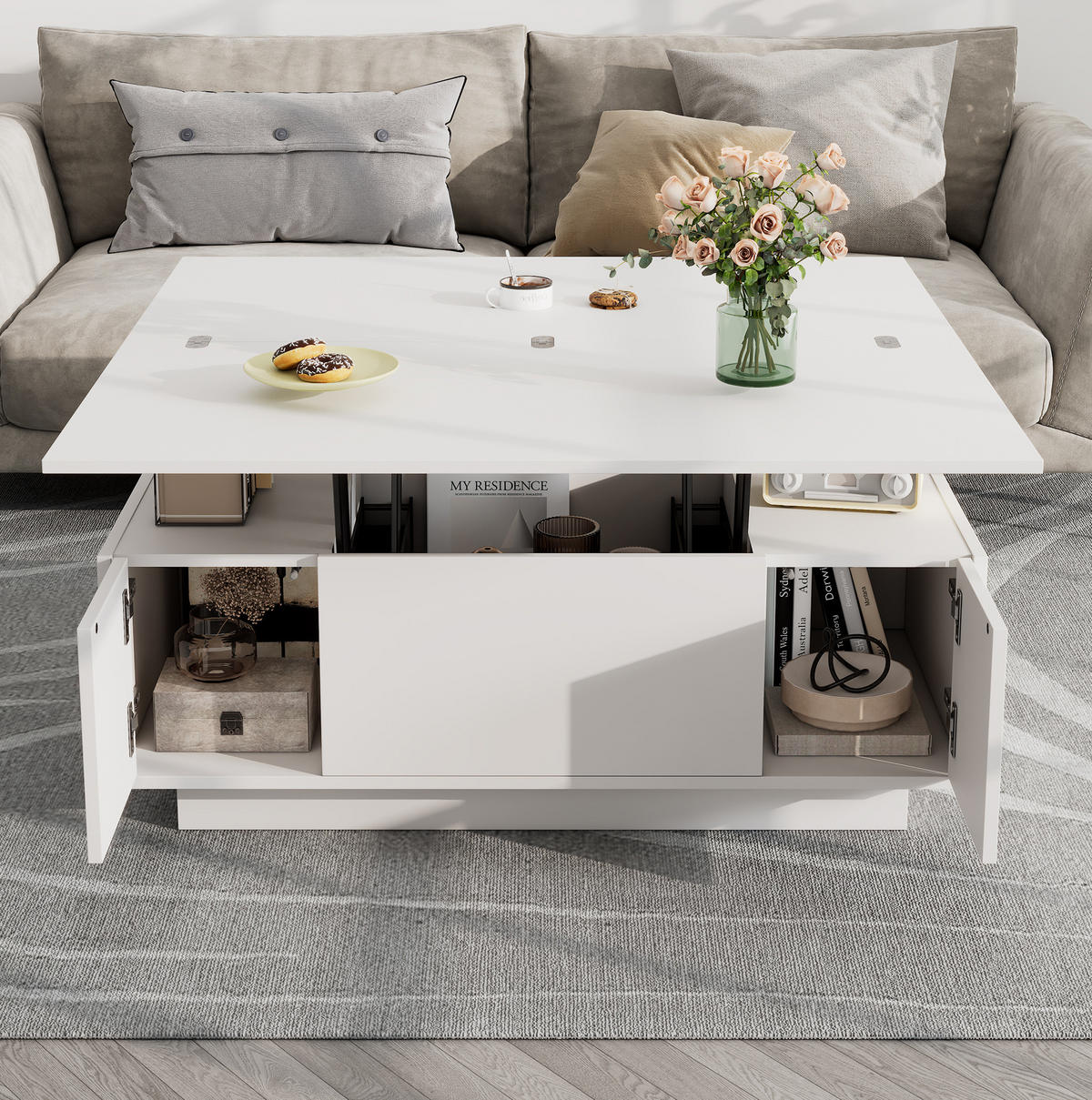 COUCHTISCH 100/50 cm in Weiß mit Doppel-Hebemechanismus und Stauraum - Weiß, Holzwerkstoff (100/50/43cm) - Flora Grace