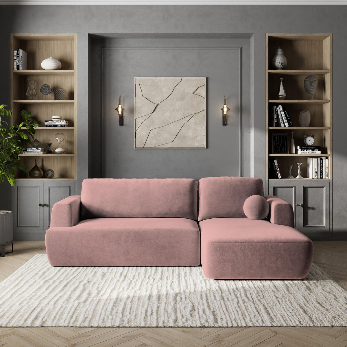 ECKSOFA SENTI K R-S Rosa Plüsch-Stoff mit Schlaffunktion - Schwarz/Rosa, Holz/Kunststoff (246/148cm) - MASSENO