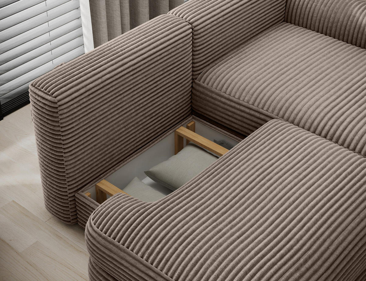 ECKSOFA RIPELI L-Form mit Schlaffunktion & Bettkasten – Modernes 3-Sitzer Sofa, Wellenfederung, 217 × 175 cm - Hellbraun/Schwarz, Kunststoff (175/217cm) - Wohnideebilder
