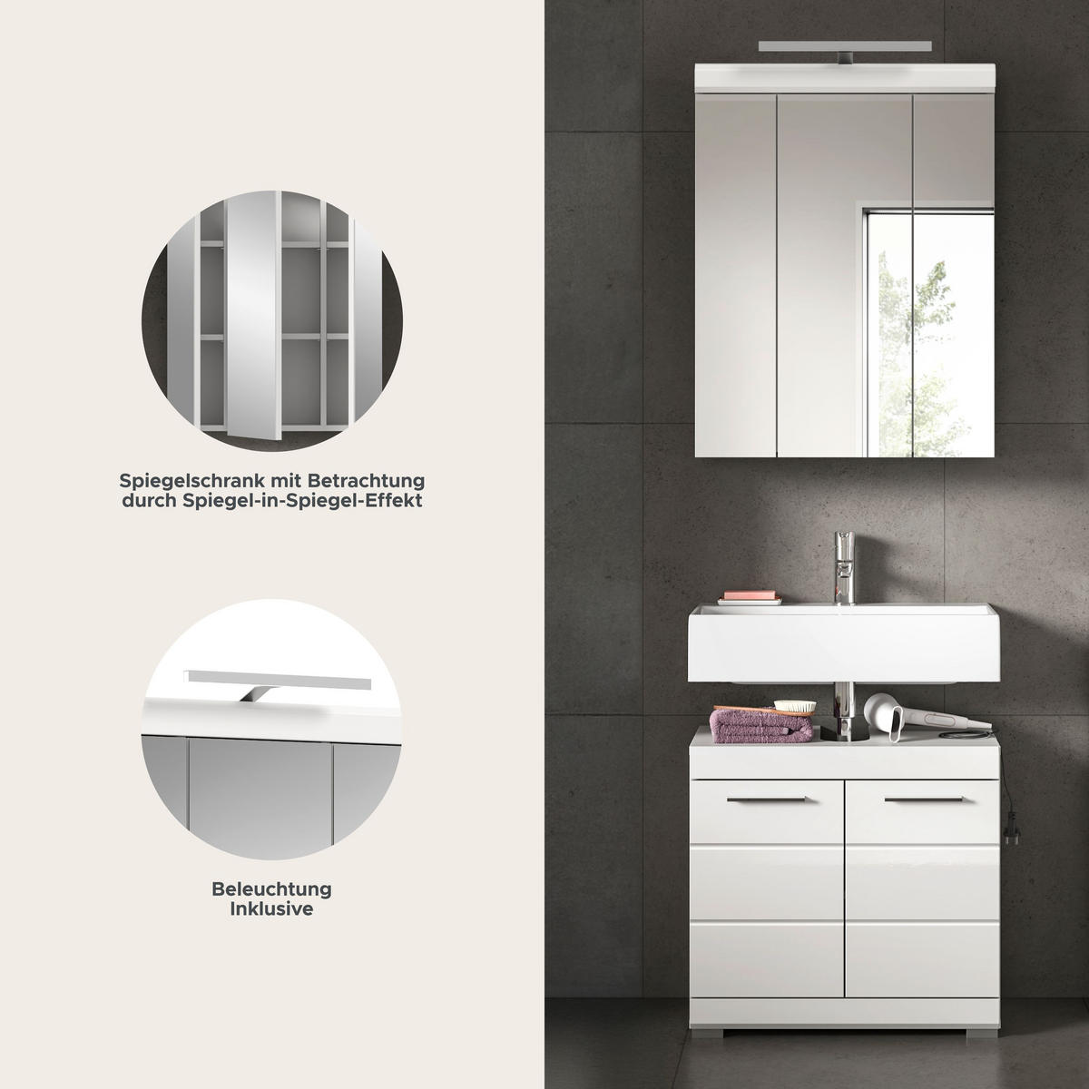 BADKOMBINATION 2tlg. Scout Bad in weiß Nachbildung und weiß hochglanz B/H/T: 60x191x34 cm - Weiß, Holz (60/191/34cm)