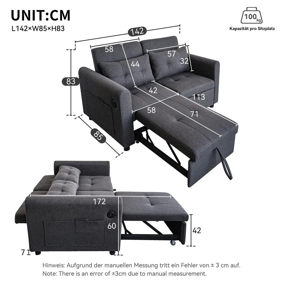 SCHLAFSOFA 3-in-1 Baumwoll-Leinen mit verstellbarer Rückenlehne und USB-Anschluss Grau 142/85/83 cm - Grau, Textil (85/83/142cm) - Redom