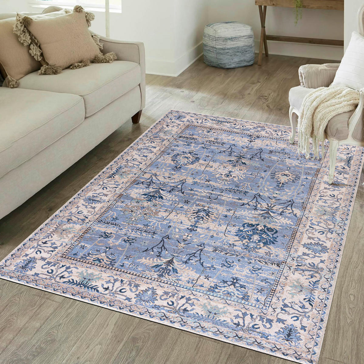 TEPPICH Blau Boho Rahmen, Pflanzlich - Rechteckig Orientalisch - 140 x 200 cm - Blau/Beige, Textil (140/200cm) - Mazovia