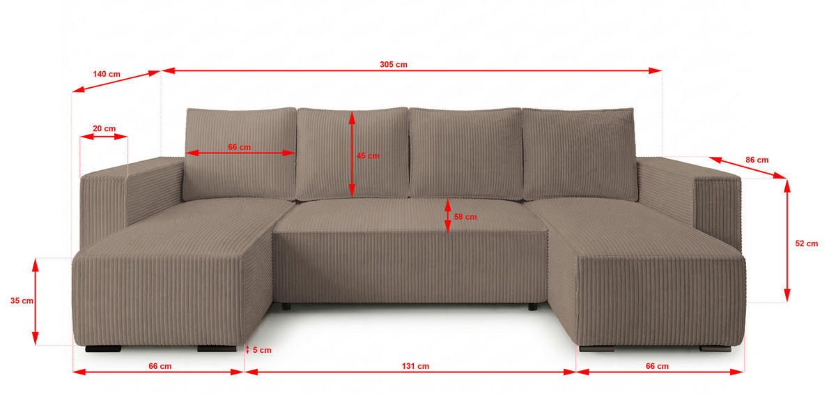 WOHNLANDSCHAFT CUDDY U mit Schlaffunktion und Bettkasten, Farbe: Braun, Cordstoff - Cappuccino, Textil (305/85/140cm) - Storez24