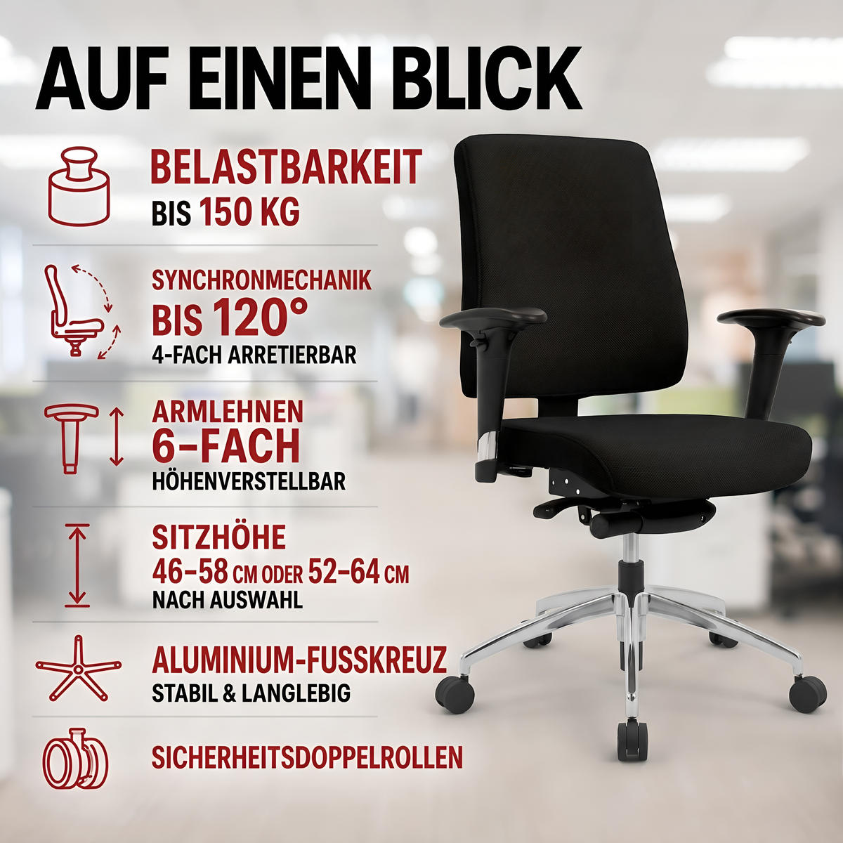 BÜROSTUHL Basic Stoff Schwarz - ergonomisch, 150 kg belastbar, Sitzhöhe 46-58 cm - Schwarz, Kunststoff/Textil (65/97/68cm) - Versee