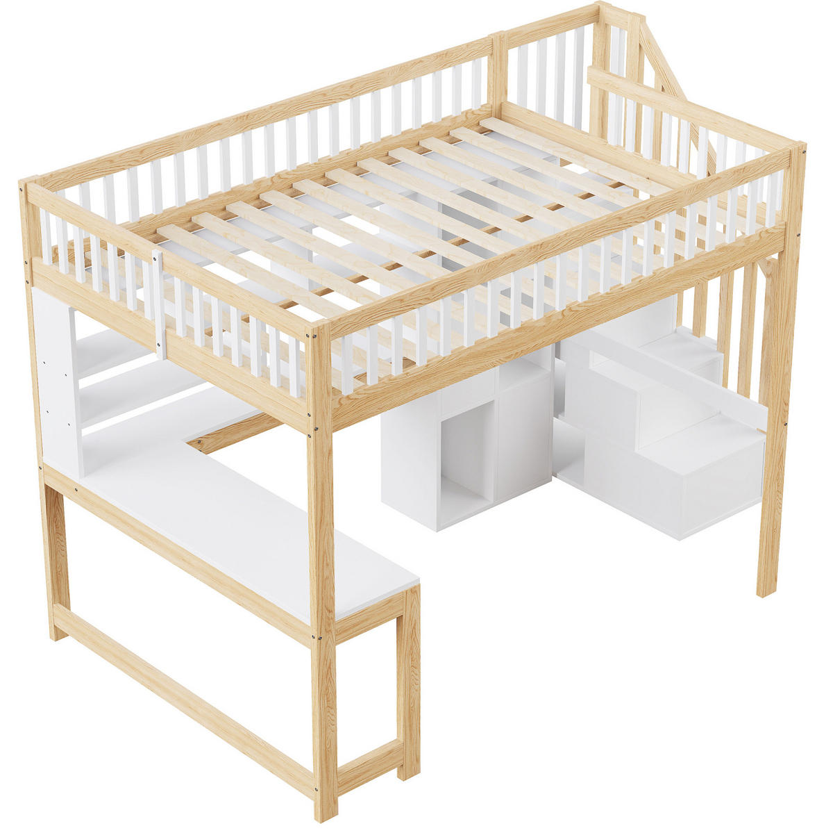 HOCHBETT aus Kiefer und MDF 140x200 cm Weiß/Natur mit LED-Beleuchtung, Ablageleiter, Regalen, Fächern und Schreibtisch - Weiß, Holzwerkstoff (140/200cm) - Modfu