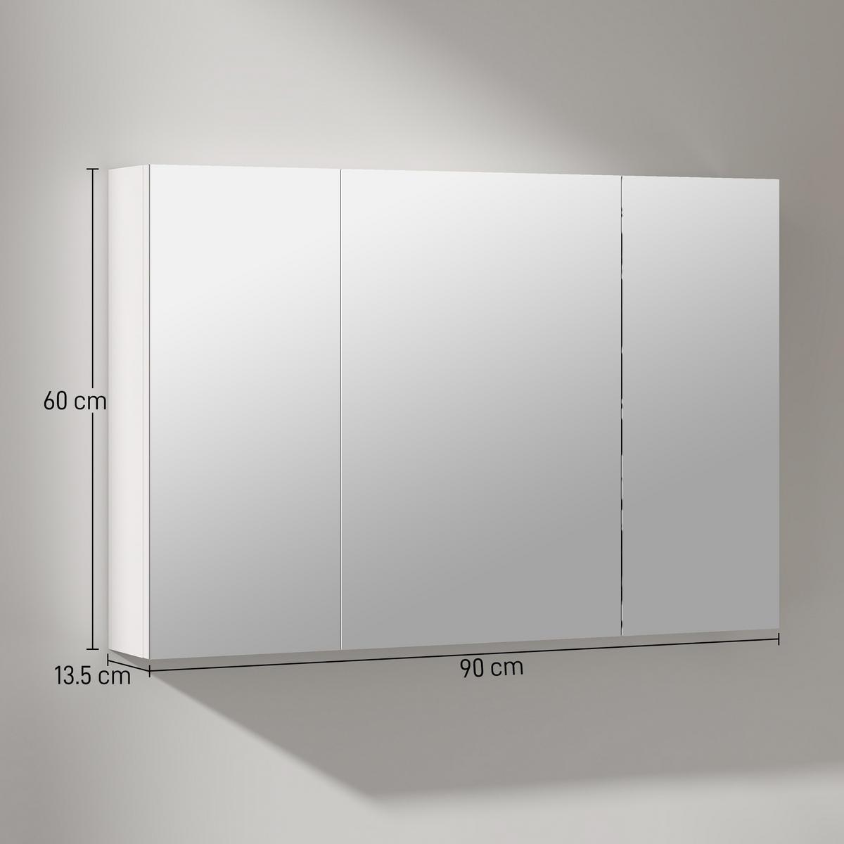 BADEZIMMER-WANDSCHRANK mit 3 Spiegeltüren und verstellbaren Holzregalböden, 90 x 13,5 x 60 cm ,Weiß - Weiß, Glas (90/60/13.5cm) - Vallsero