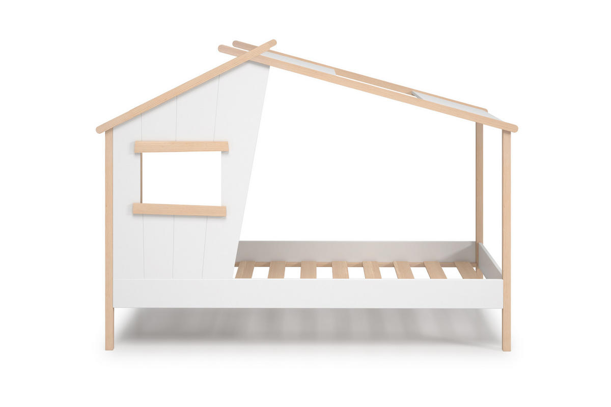 HÜTTENBETT mit schrägem Dach und verspieltem Fenster 90x190 cm 103/215,4/158.5 cm - Weiß, Holz (190/90cm) - Calicosy
