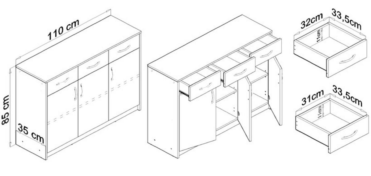 KOMMODE 3D3S Anthrazit-Wotan Eiche 110/35/85 cm Sideboard - Anthrazit/Eiche Wotan, Holzwerkstoff (110/85/35cm) - Matkam Möbel