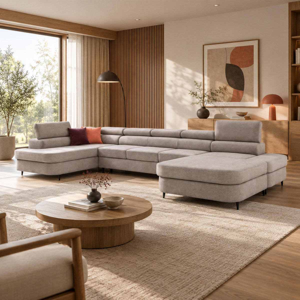 ECKSOFA U-Form PRIAM MAXI U Links mit Schlaffunktion 125x317 Velours Beige - Beige/Schwarz, Holz/Textil (203/91/400cm) - Muffo