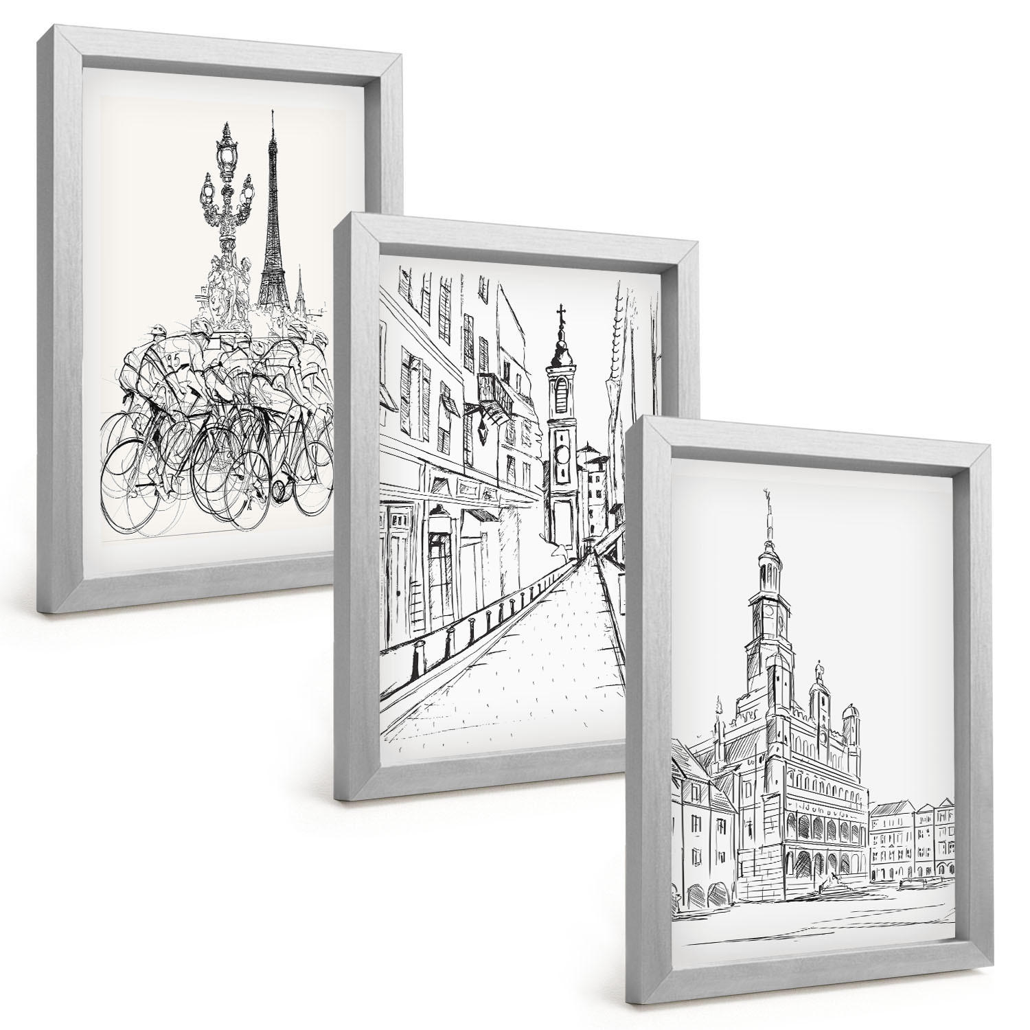 BILDER SET 3er Set - 20x30 cm Silberner Rahmen - Einfache Zeichnungen von Stadtlandschaften - Silberfarben, Kunststoff (20/30cm) - TULUP