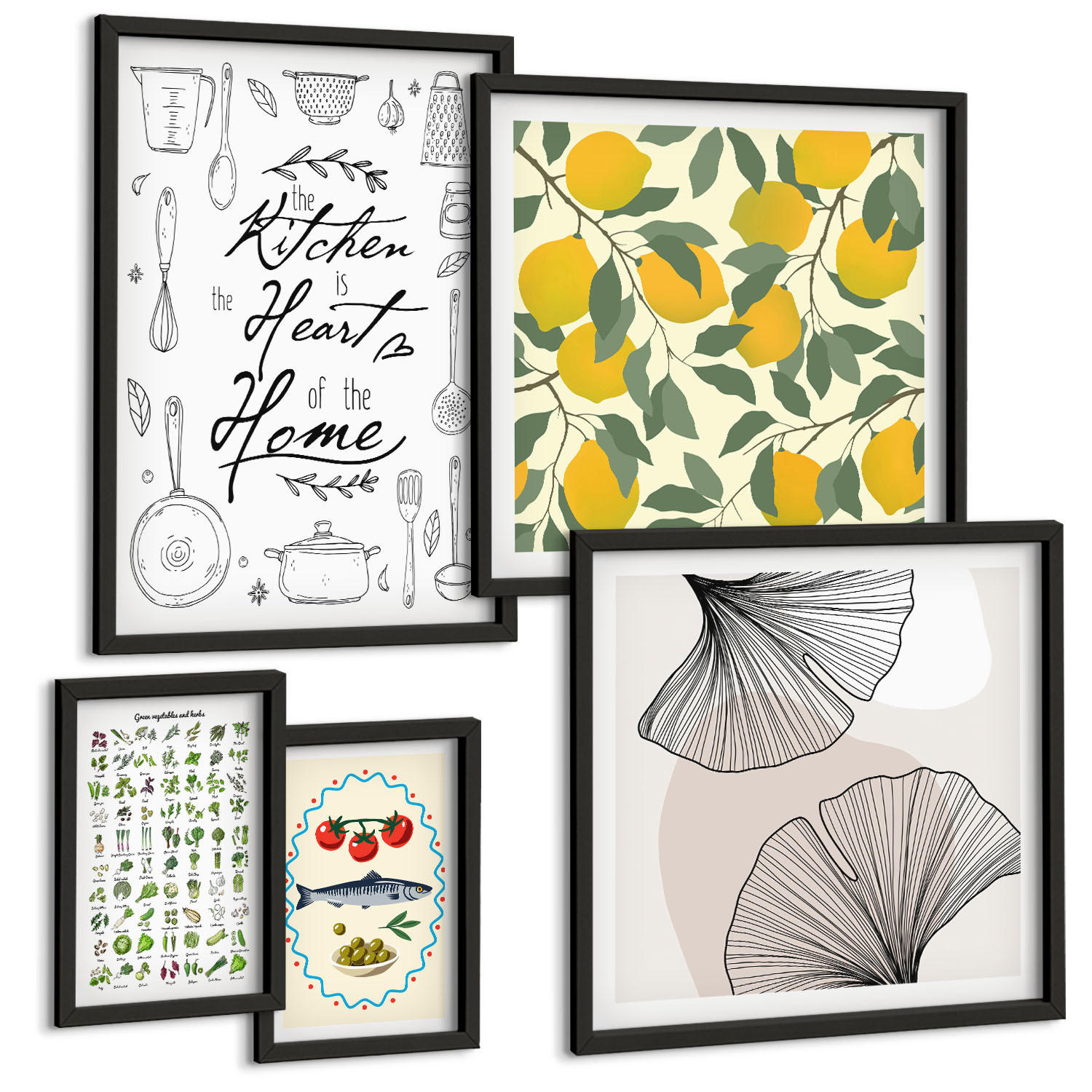 BILDER SET 5er Set - 50x50 cm & 20x30 cm & 40x60 cm Schwarzer Rahmen - Küchenkräuter-Zitronen-Malerei - Schwarz, Kunststoff (40/60cm) - TULUP