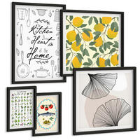 BILDER SET 5er Set - 50x50 cm & 20x30 cm & 40x60 cm Schwarzer Rahmen - Küchenkräuter-Zitronen-Malerei - Schwarz, Kunststoff (40/60cm) - TULUP