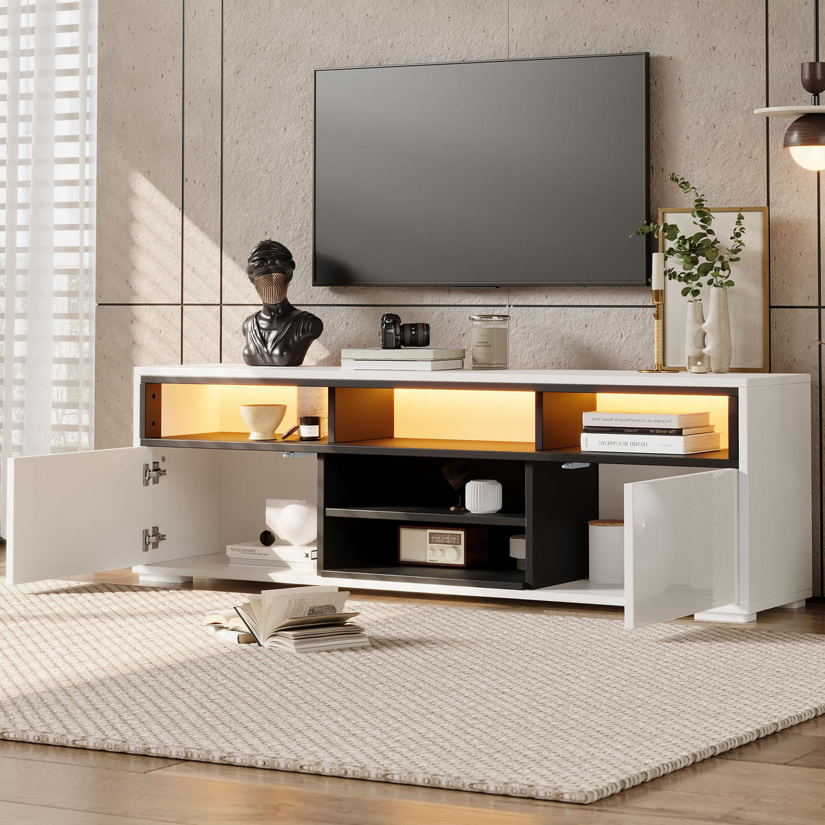 LOWBOARD in Weiß TV-Schrank mit LED und offene Fächer, für 65zoll, B150/T35/H50 cm - Weiß, Holzwerkstoff (150/50/35cm) - STILVORA
