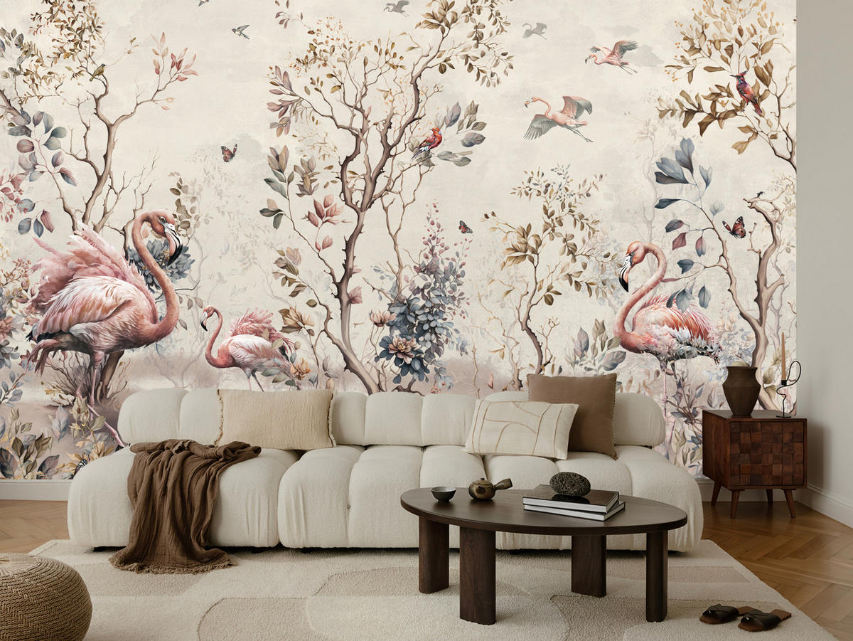 FOTOTAPETE für Wohnzimmer Wunderschöne Flamingos Natur Schmetterlinge 500x350 - Multicolor, Papier (500/350cm) - Muralo