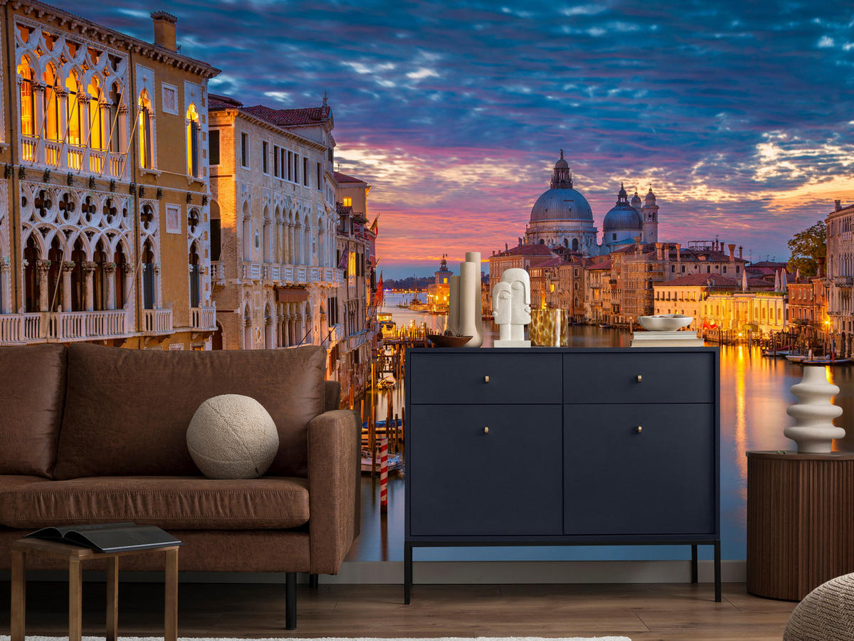 FOTOTAPETE für Wohnzimmer Venedig Nacht Panorama Historisch 100x70 - Violett/Rosa, Papier (100/70cm) - Muralo