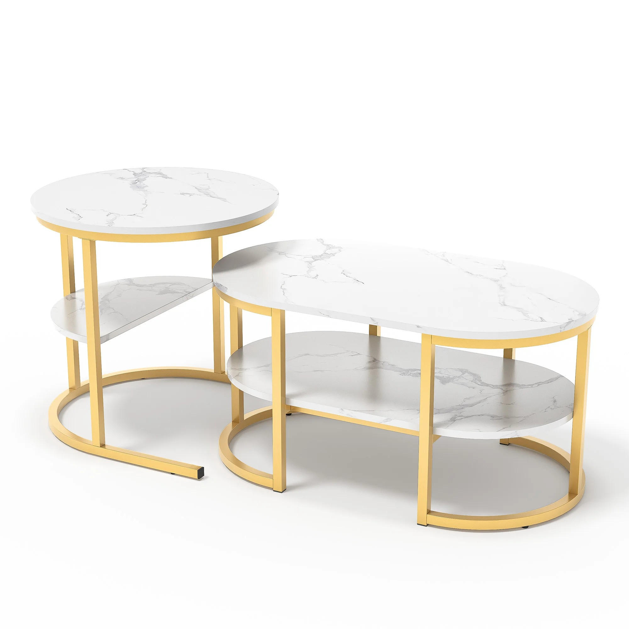 COUCHTISCH 2er-Set, Gold, Oval, mit Marmormuster - Goldfarben, Holzwerkstoff (122/122/51cm) - Kaket