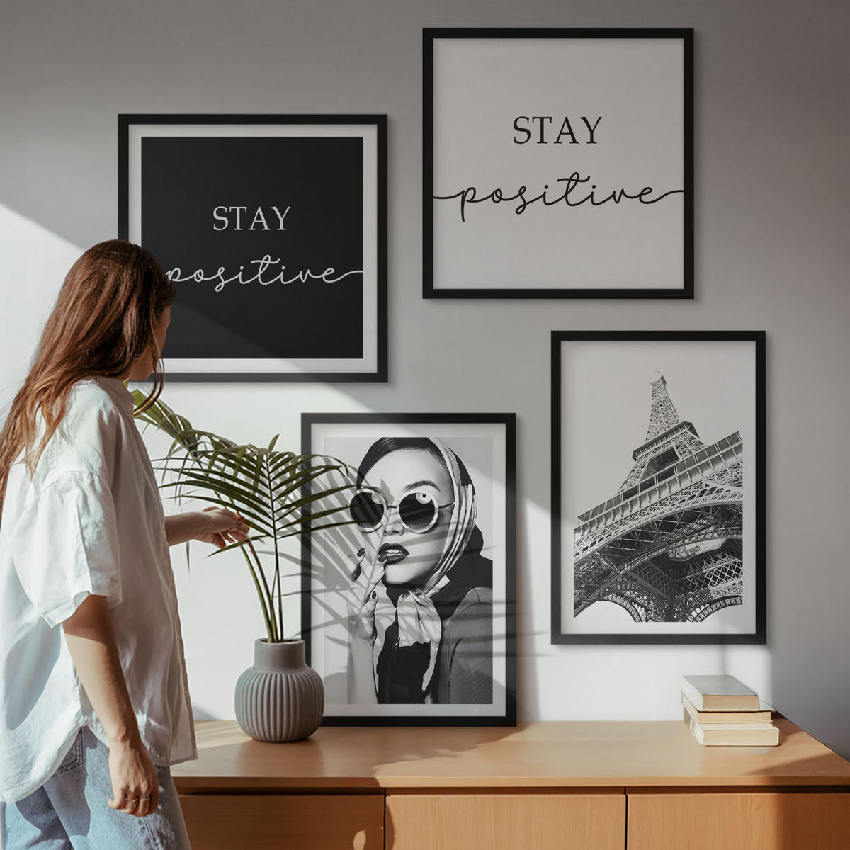 BILDER SET 4er Set - 50x50 cm & 40x60 cm Schwarzer Rahmen - Porträts, Eiffelturm-Slogans - Schwarz, Kunststoff (50/50cm) - TULUP