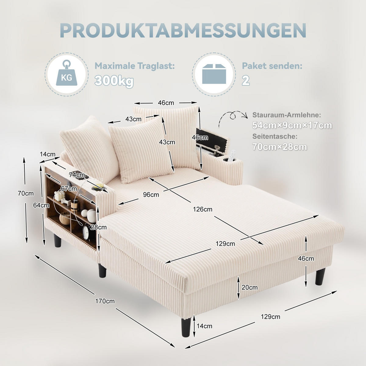 RELAXLIEGE XXL Polsterliege,Relaxsessel,Cord,Beige - Beige, Textil (129/70/170cm) - LVHOM