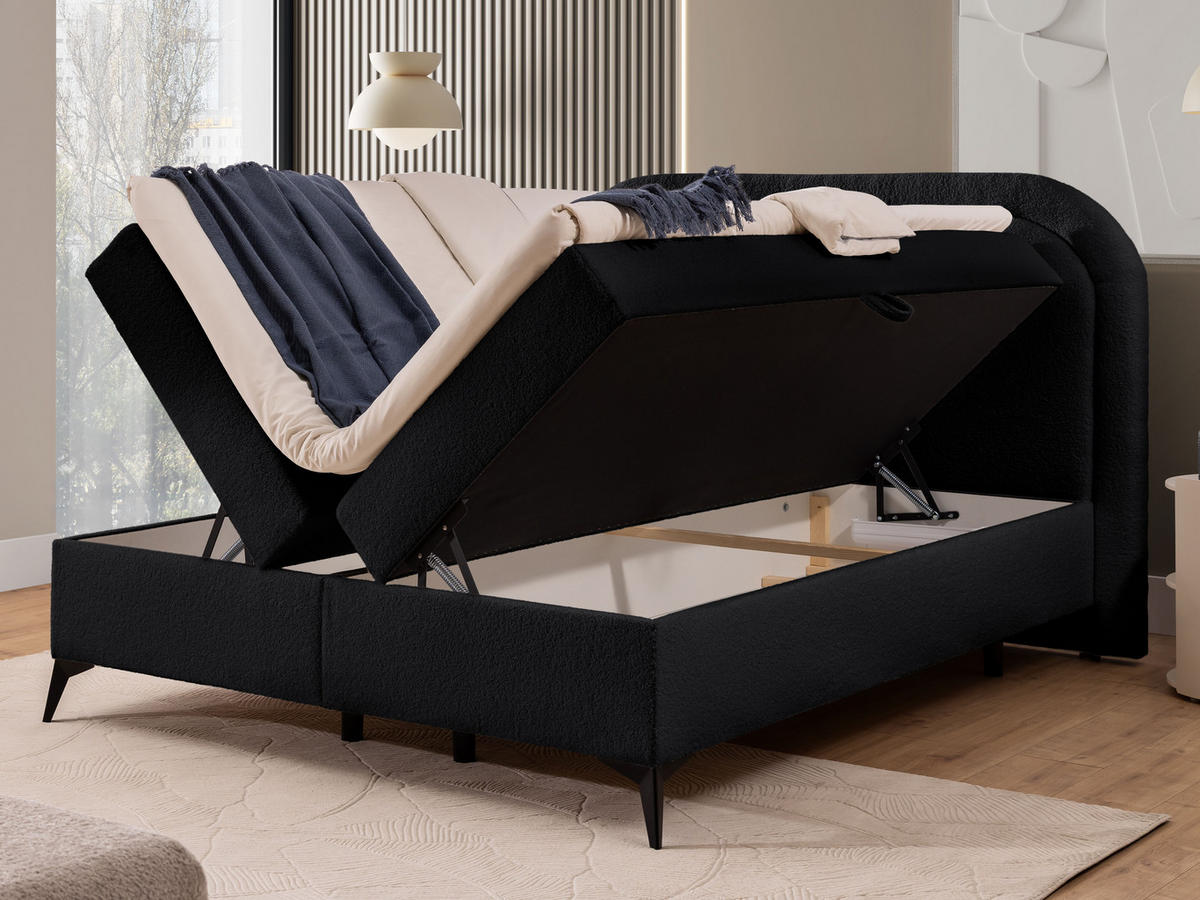 BOXBETT Sonna 160/200 cm Schwarz Bouclé-Stoff mit abgerundetem Kopfteil und mit schwarzen Metallfüße - Schwarz, Holz/Textil (160/200cm) - S-Style Möbel