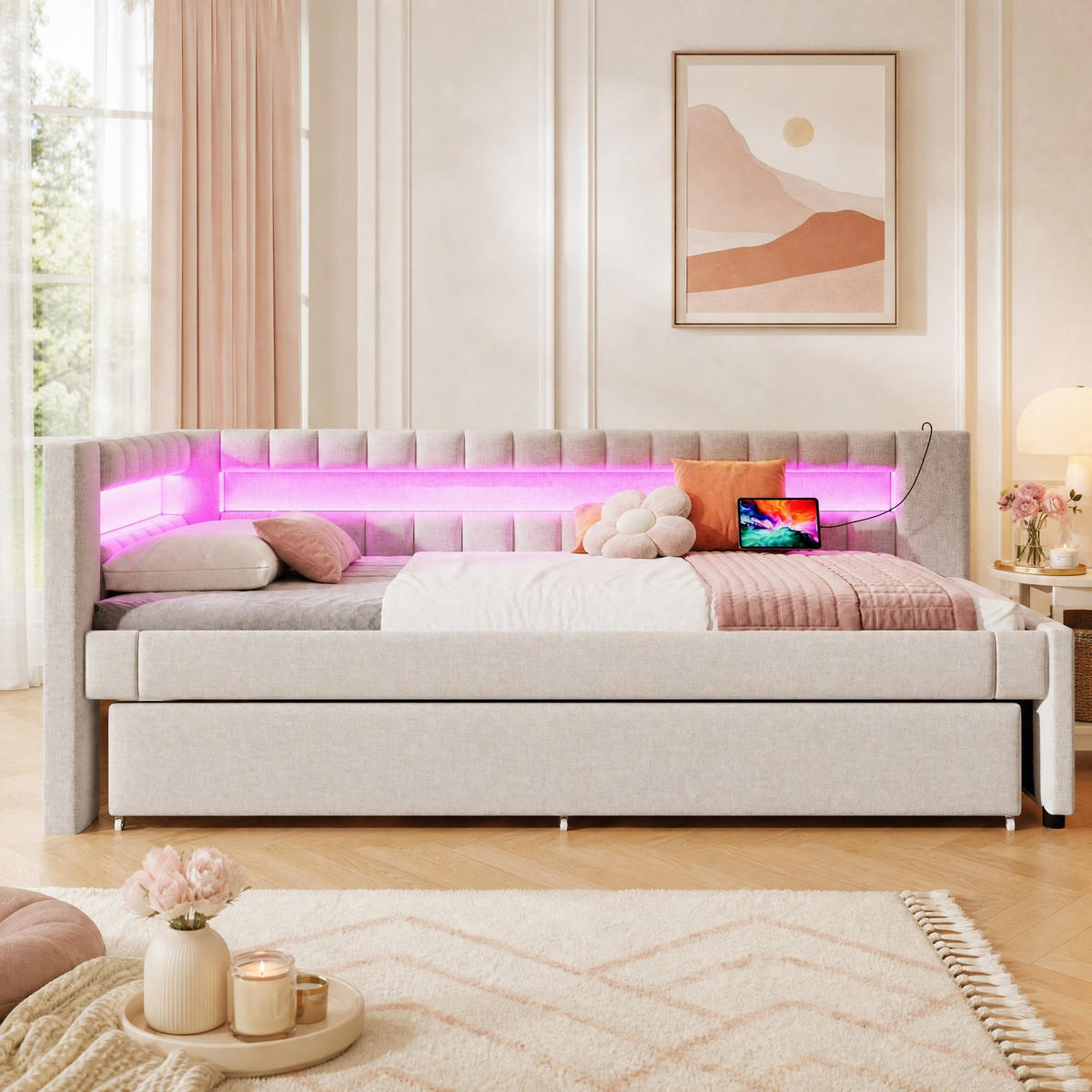 POLSTERBETT 90/200 mit Ausziehbett, LED und USB-C in Beige - Beige, Holzwerkstoff/Textil (90/200cm) - EVRYAE
