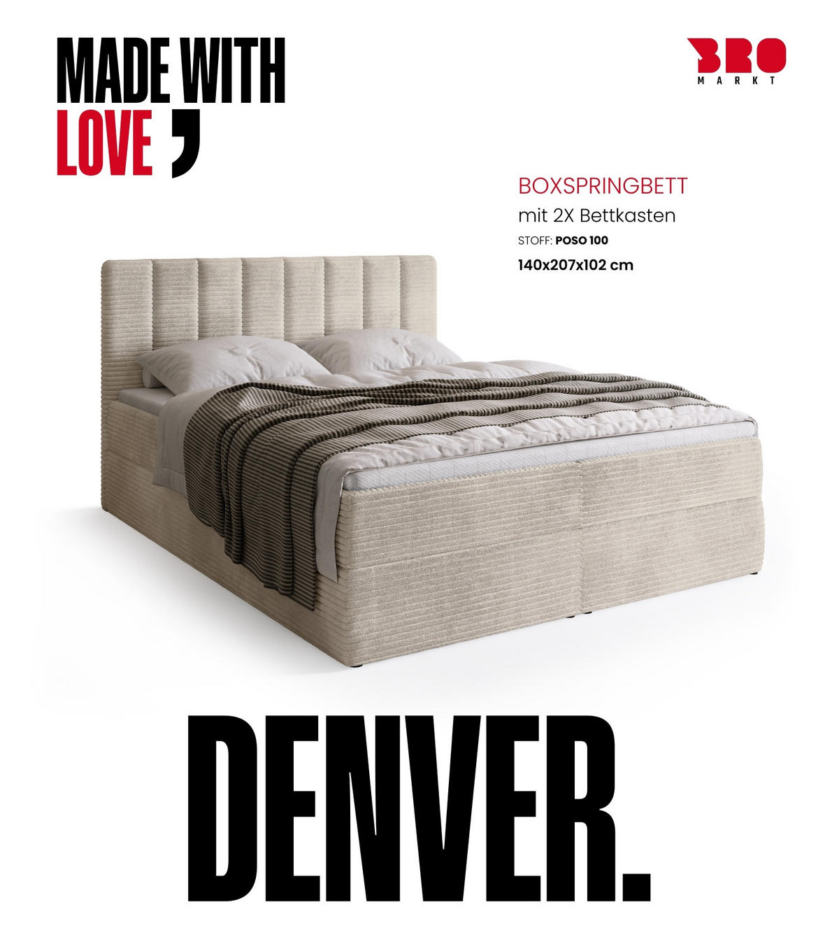 BOXBETT DENVER mit Topper 140x200 Vanille - Creme, Textil (140/200cm) - Bromarkt
