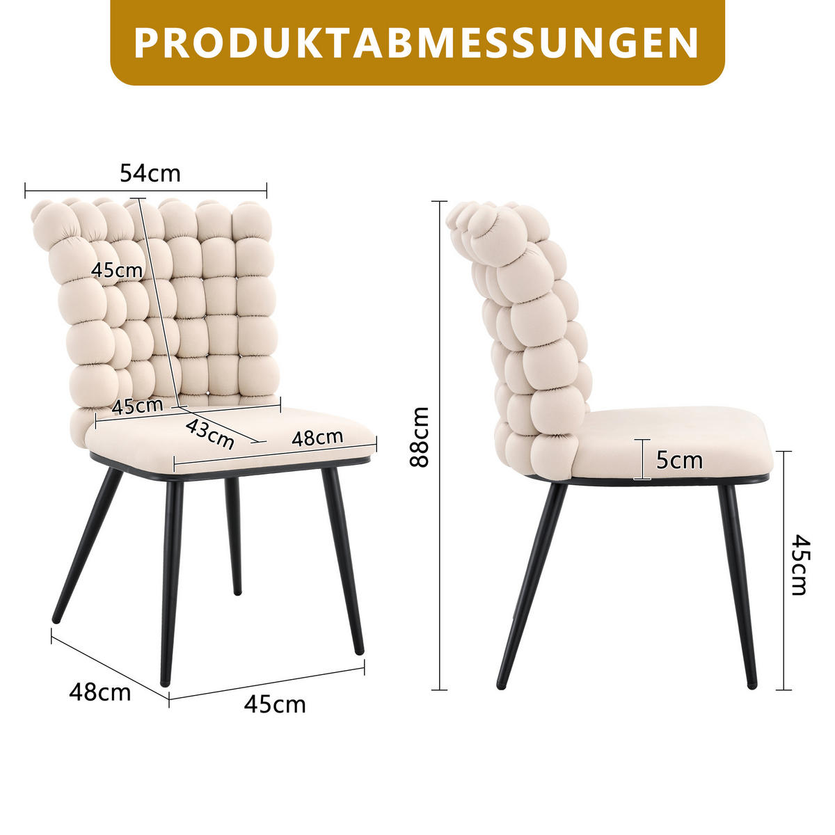 STUHL-SET DE-36754 2 Stück mit Kugelketten-Rückenlehne und Samtbezug Creme - Creme, Metall (48/88/54cm) - ComfortXL