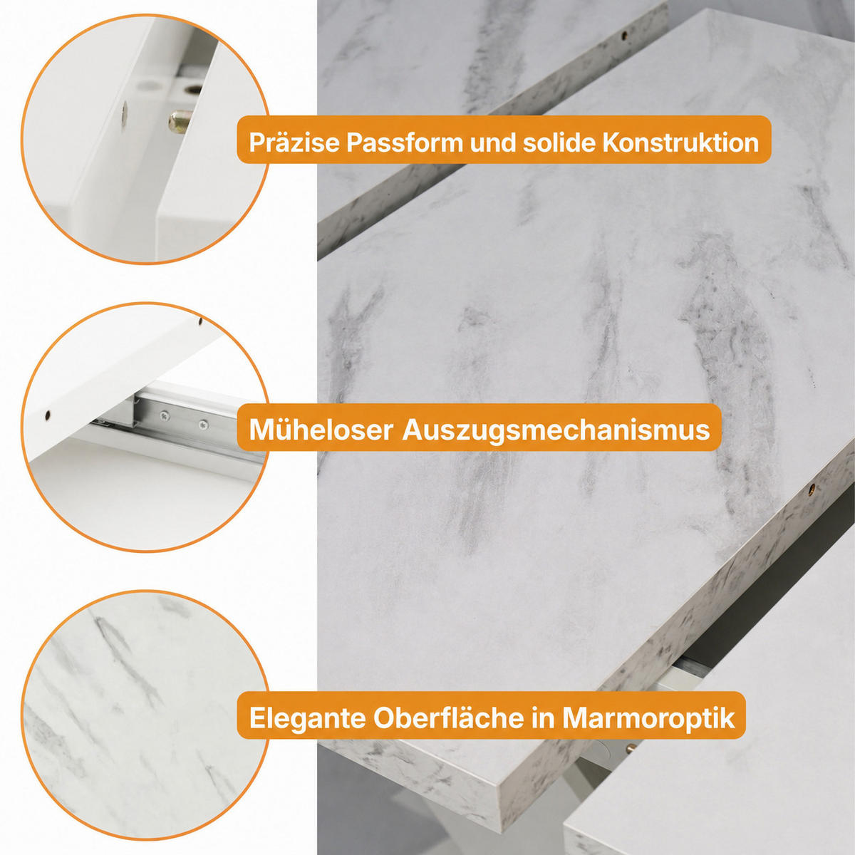 ROZKLADACÍ JEDÁLENSKÝ STÔL 120–160 cm Biely s dekorom mramoru - biela, kompozitné drevo (160/80/75cm) - Home Collective