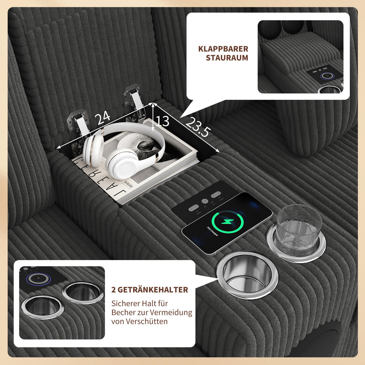 WOHNLANDSCHAFT Cord Grau mit Stauraum, Bluetooth, USB, Type-C und Getränkehaltern - Grau, Holzwerkstoff/Kunststoff (315.5/84.5/144cm) - WISHDOR