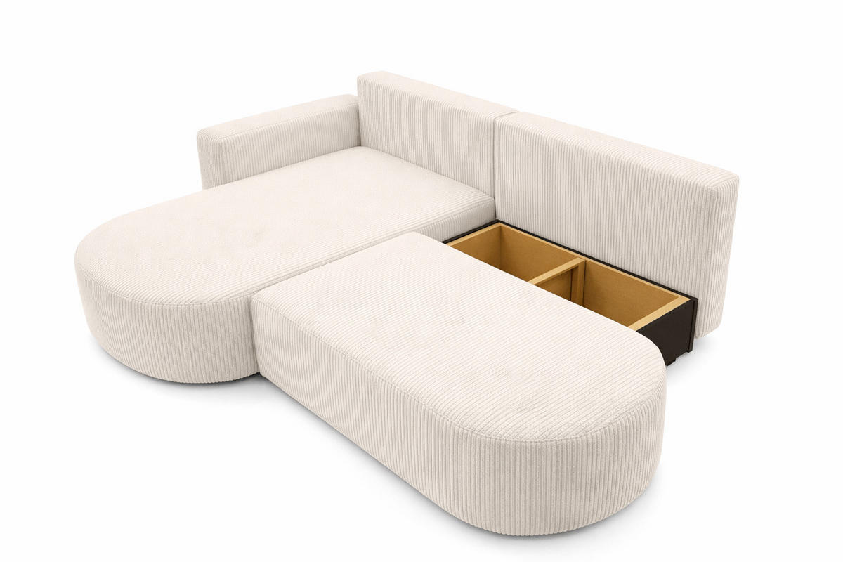 ECKSOFA Mit Schlaffunktion Und Bettkasten, Cordstoff Poso, Beige, Links, ROUND ONE OPEN XL - Creme, Holz (262/175cm) - Kaiser Möbel